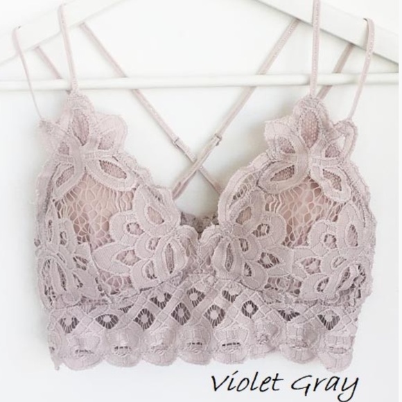 Boho Floral Anemone Violet Gray Soft Lace Bralette - Picture 2 of 4
